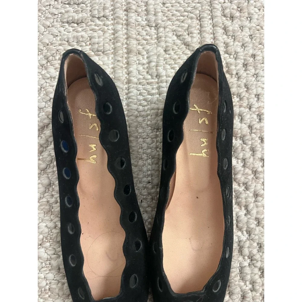 French Sole NY Black Suede Scalloped Grommet Wedge Heels Made in Spain 7B